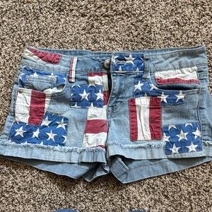 Vintage Y2K l.e.i. patchwork flag low rise denim shirts